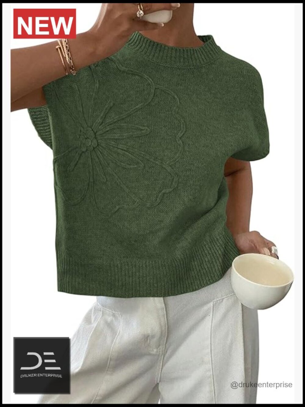 Knit Sweater Vest 3D Flower Cap Sleeve Pullover Tank Top